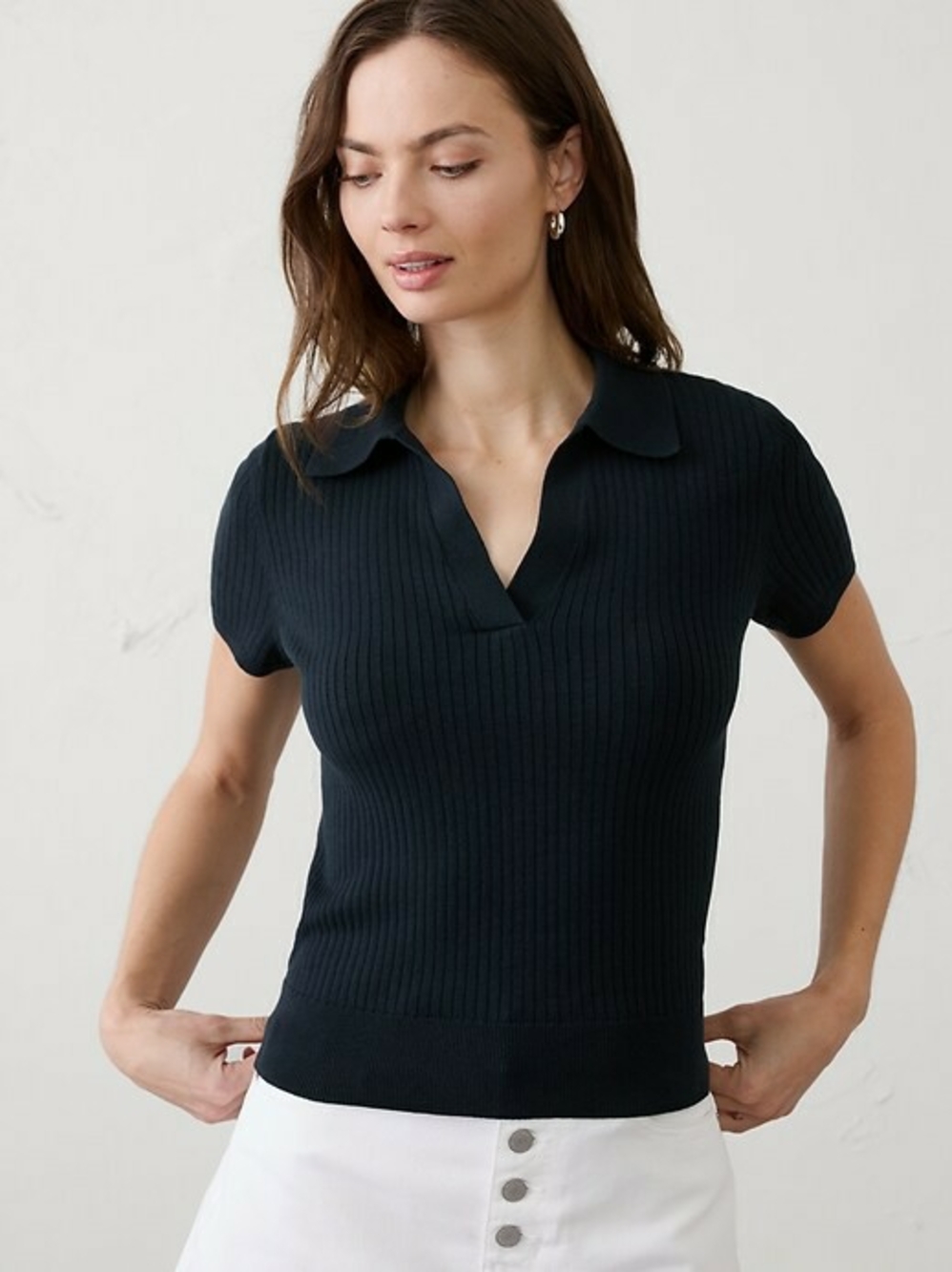 Banana Republic Factory Black Ribbed Short-Sleeve Polo Top